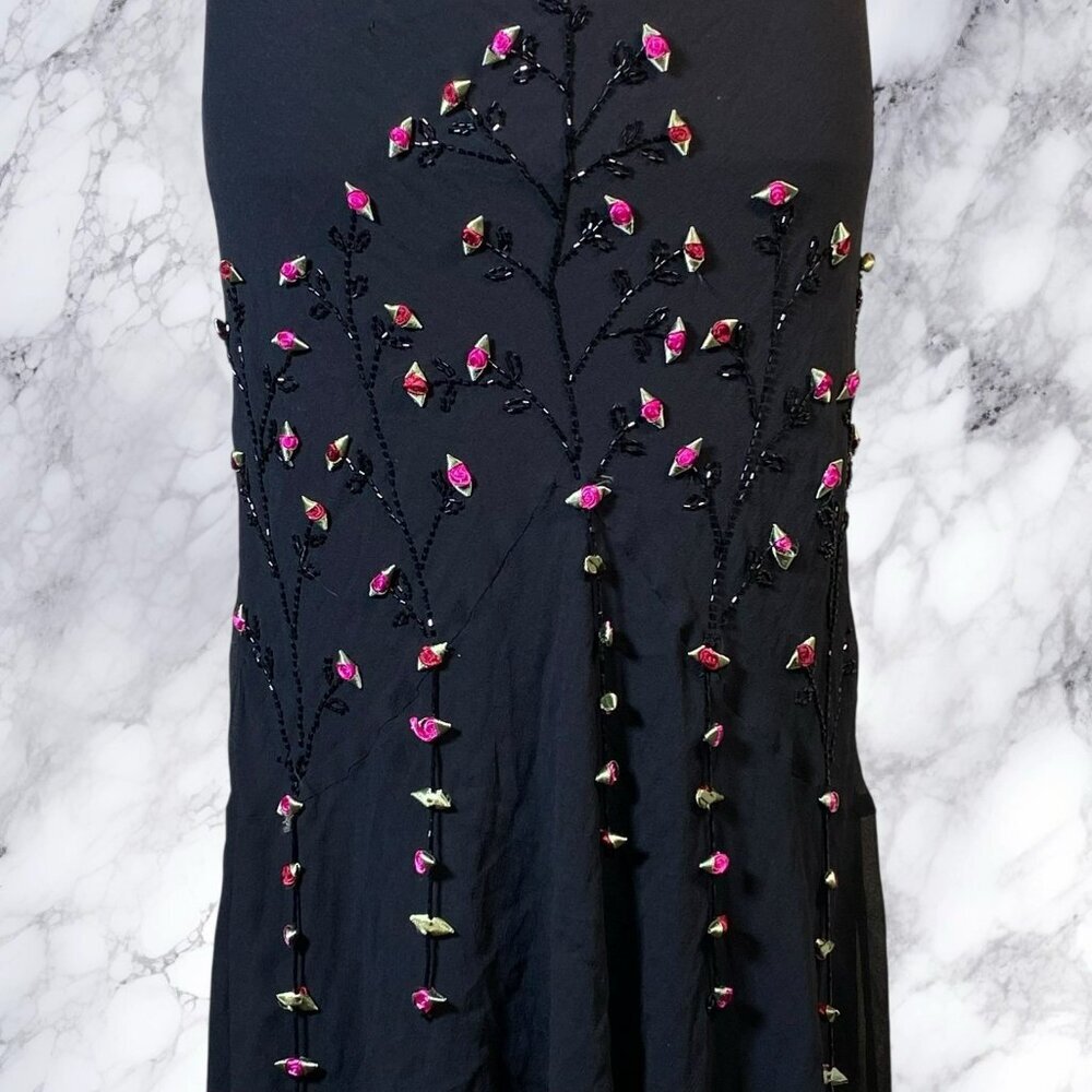VTG Sue Wong Silk Fit and Flare Midi Rosette Dress in Black - Picture 8 of 13